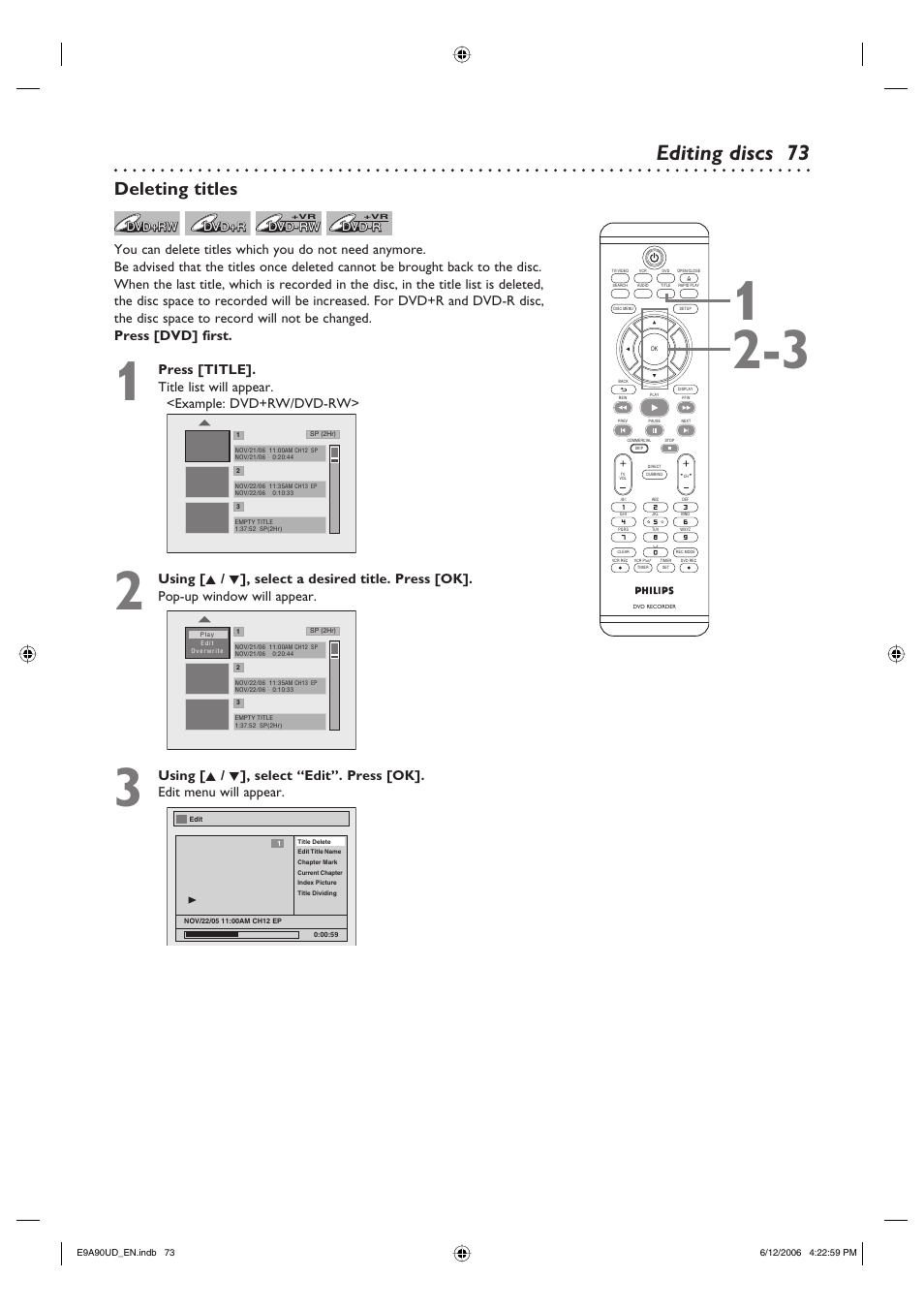 Editing discs, Deleting titles | Philips DVDR3435V-37 User Manual | Page 73 / 104