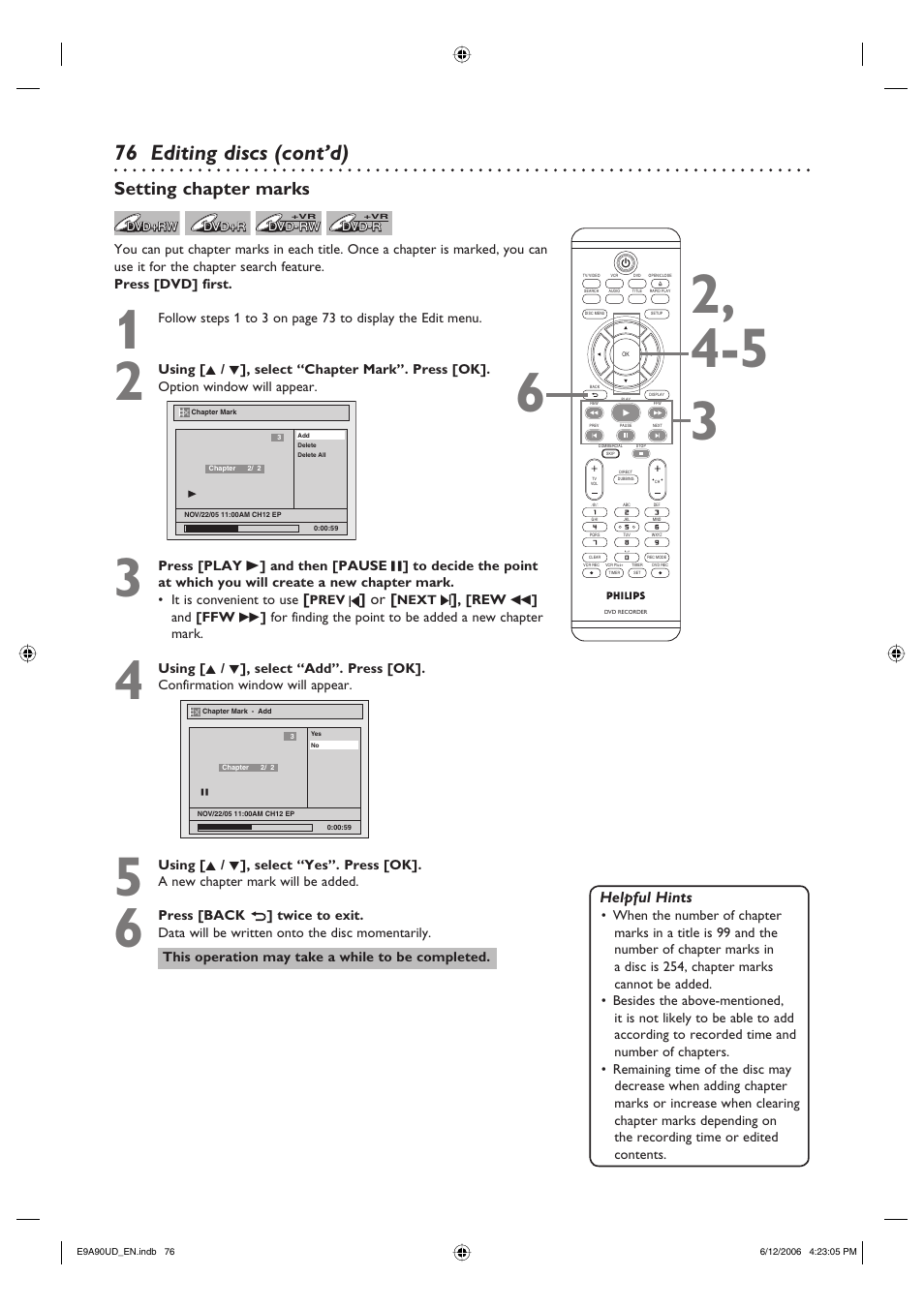 Editing discs (cont’d), Setting chapter marks, Helpful hints | Philips DVDR3435V-37 User Manual | Page 76 / 104