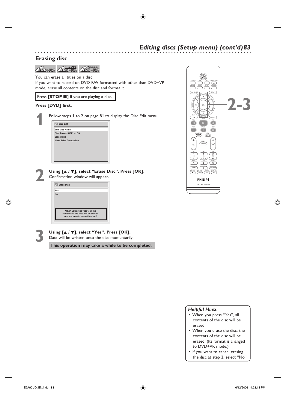 Editing discs (setup menu) (cont’d), Erasing disc, Helpful hints | Philips DVDR3435V-37 User Manual | Page 83 / 104