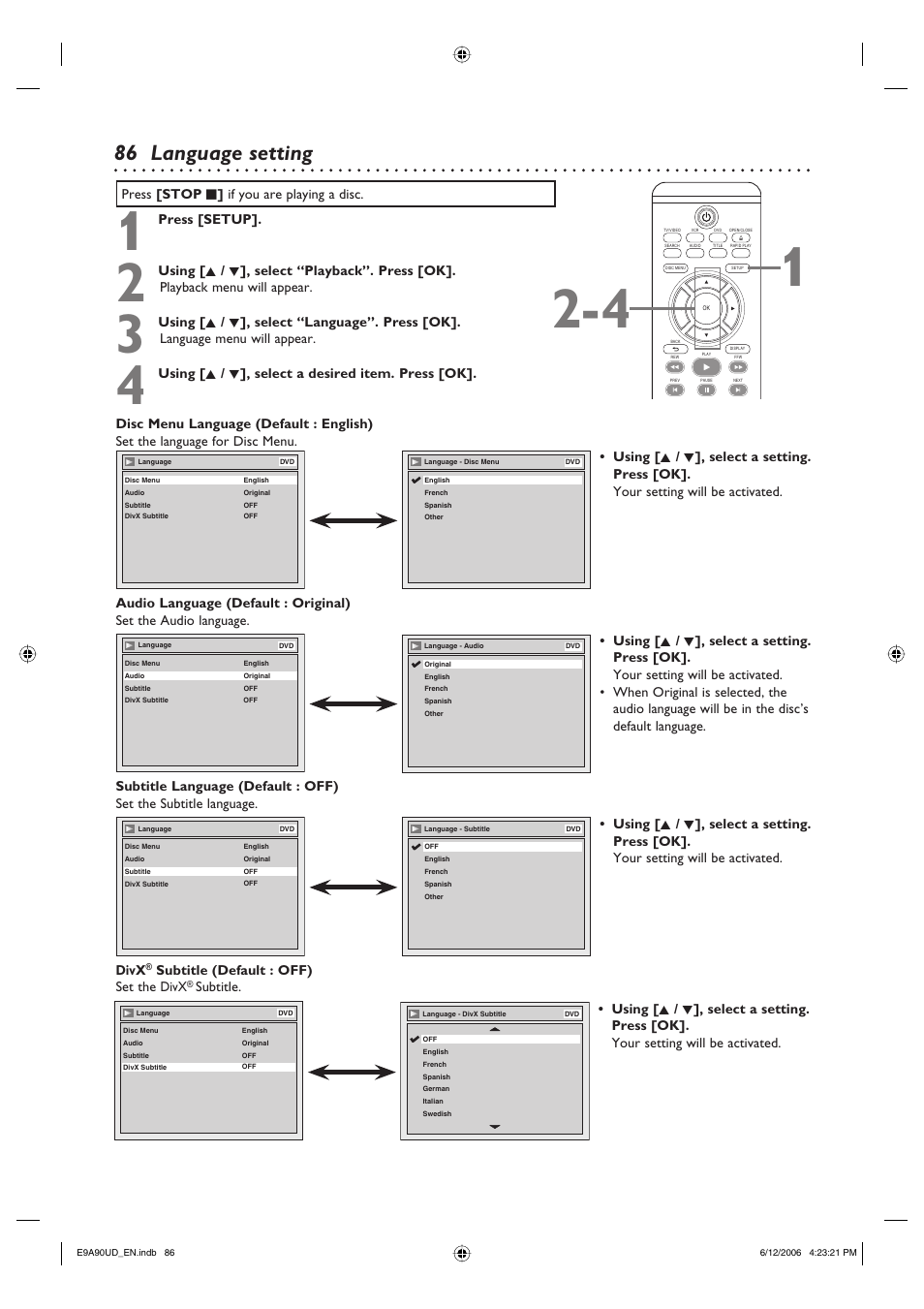 Language setting | Philips DVDR3435V-37 User Manual | Page 86 / 104