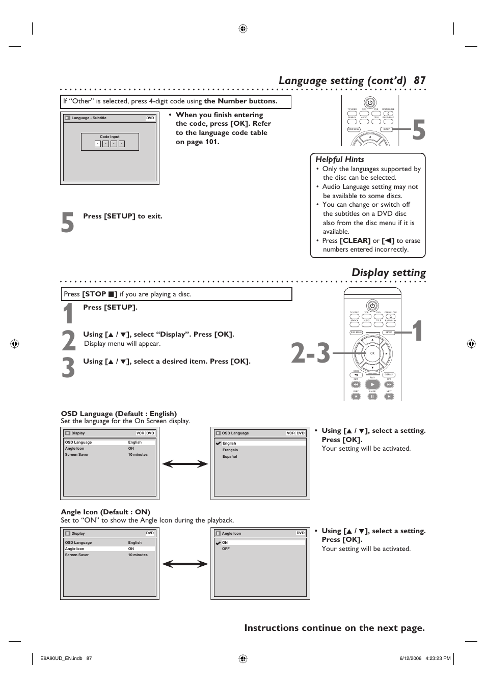 Display setting, Language setting (cont’d), Instructions continue on the next page | Helpful hints | Philips DVDR3435V-37 User Manual | Page 87 / 104