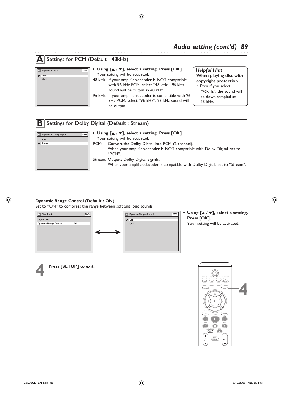 89 audio setting (cont’d), Settings for pcm (default : 48khz), Settings for dolby digital (default : stream) | Helpful hint, Press [setup] to exit | Philips DVDR3435V-37 User Manual | Page 89 / 104