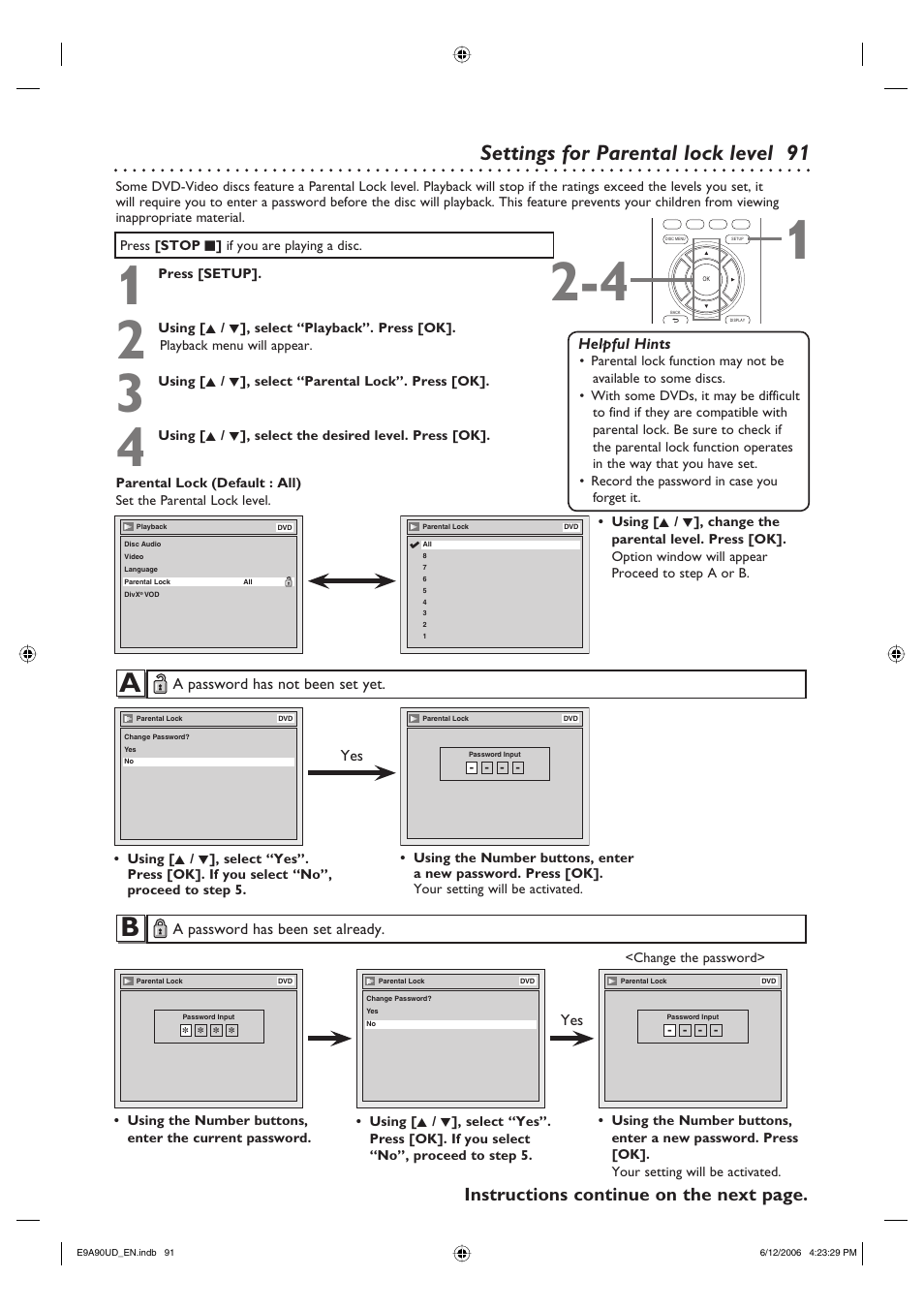 91 settings for parental lock level, Instructions continue on the next page | Philips DVDR3435V-37 User Manual | Page 91 / 104