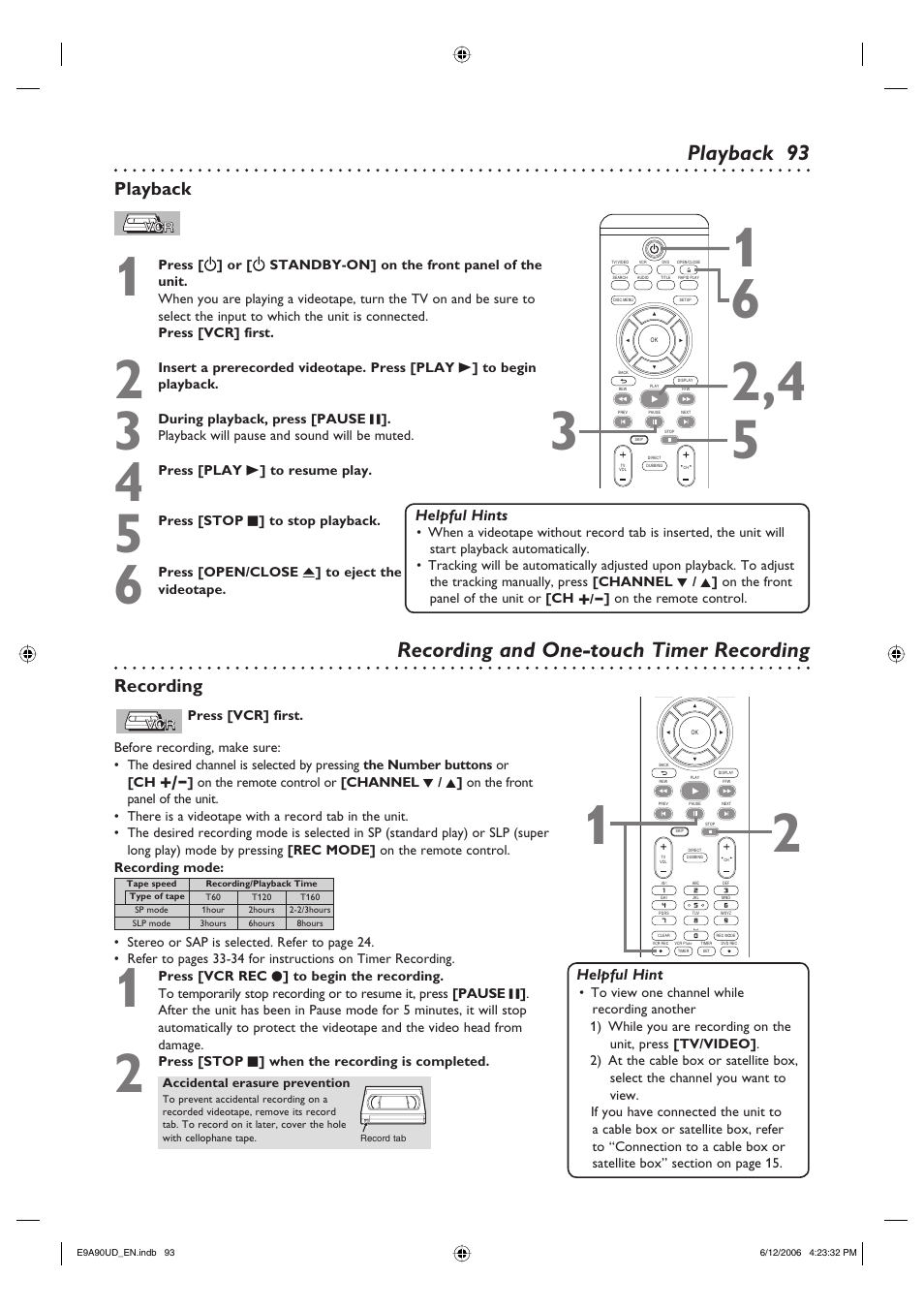 Playback recording and one-touch timer recording, Recording, Playback | Philips DVDR3435V-37 User Manual | Page 93 / 104