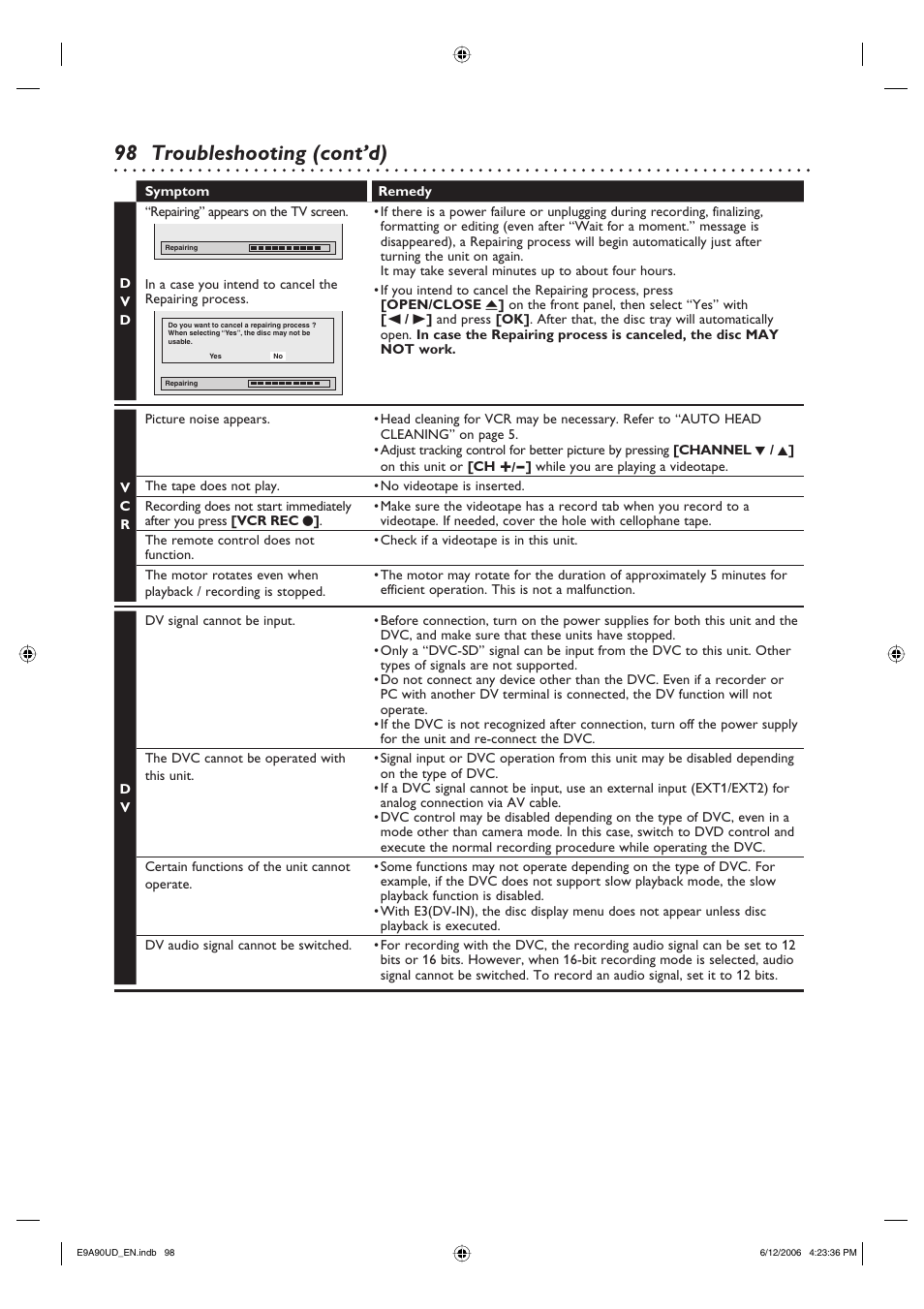 98 troubleshooting (cont’d) | Philips DVDR3435V-37 User Manual | Page 98 / 104