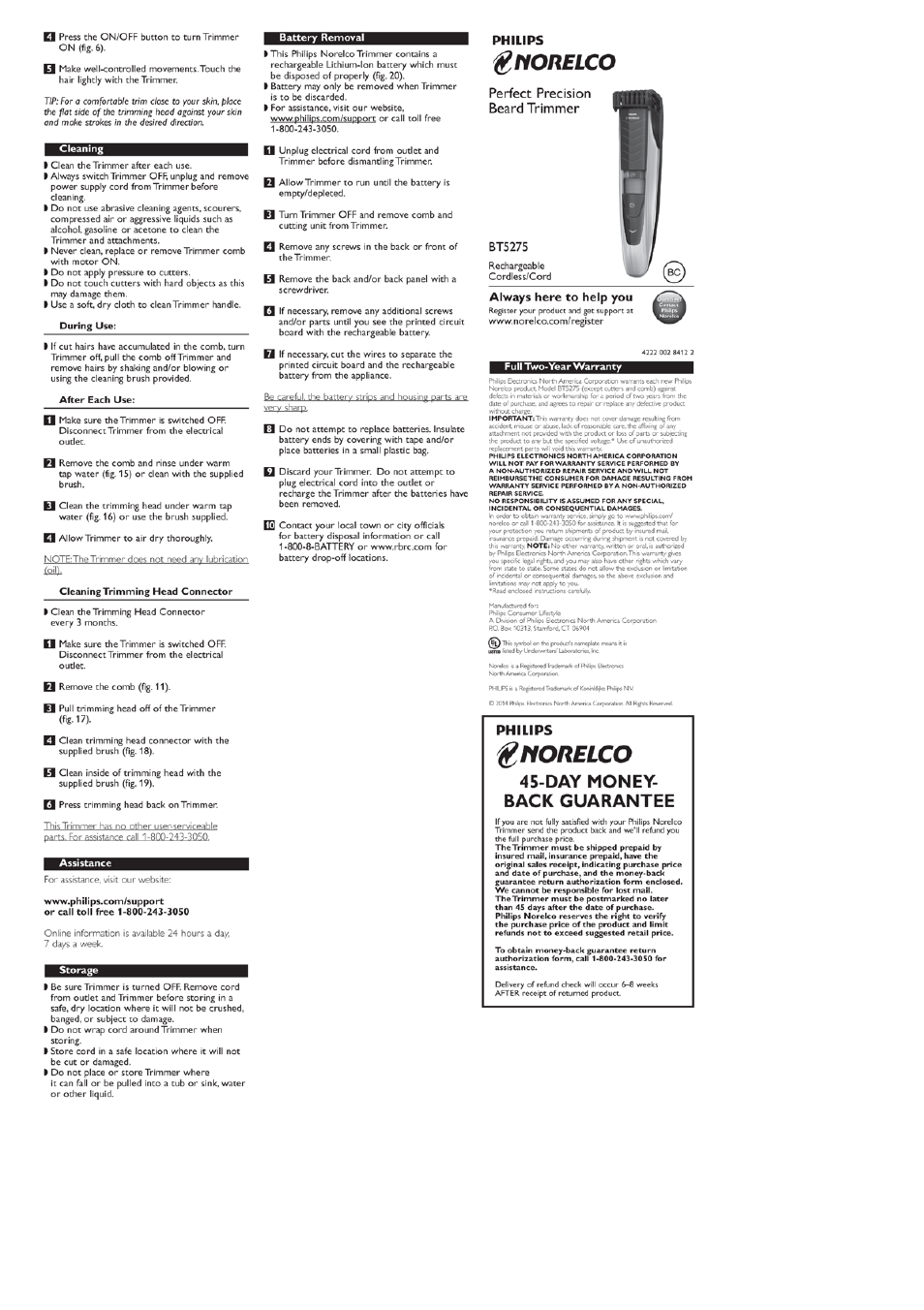 Norelco, Day money- back guarantee, Philips | Perfect precision beard trimmer | Philips BT5275-41 User Manual | Page 2 / 2