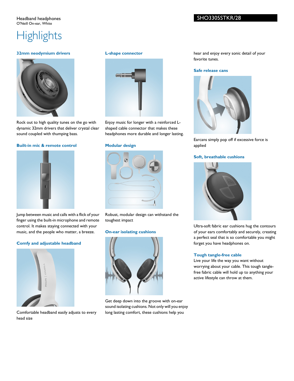 Highlights | Philips O'Neill Headband headphones SHO3305STKR O'Neill On-ear White User Manual | Page 2 / 3