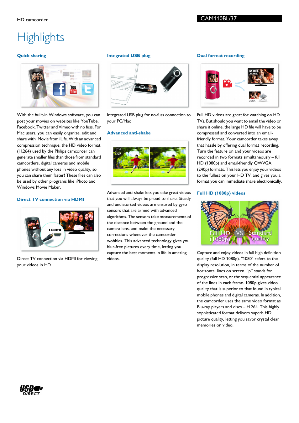 Highlights | Philips HD camcorder CAM110BL User Manual | Page 2 / 3