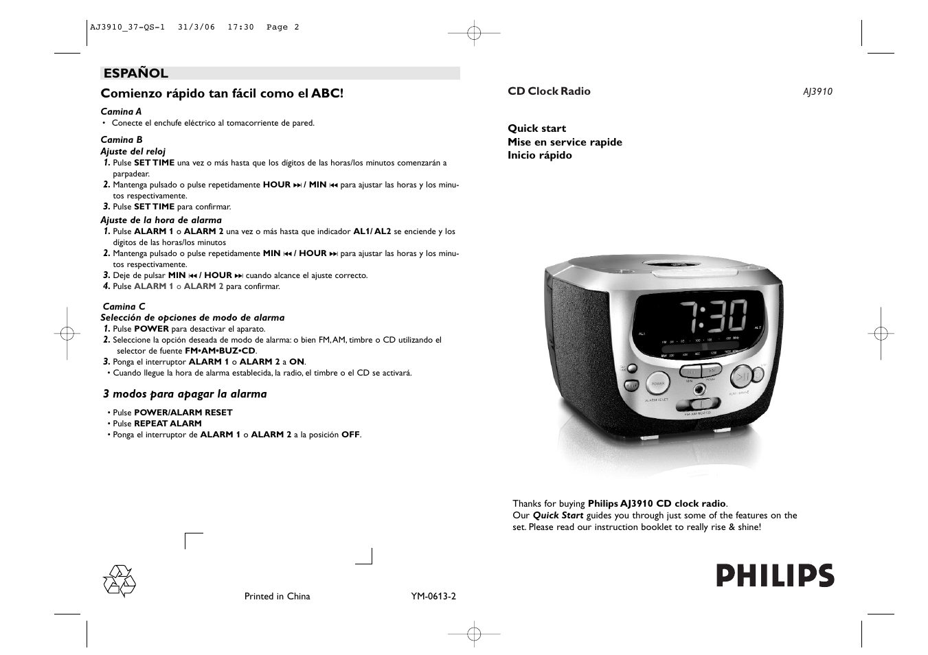 Philips CD CLOCK RADIO User Manual | 2 pages