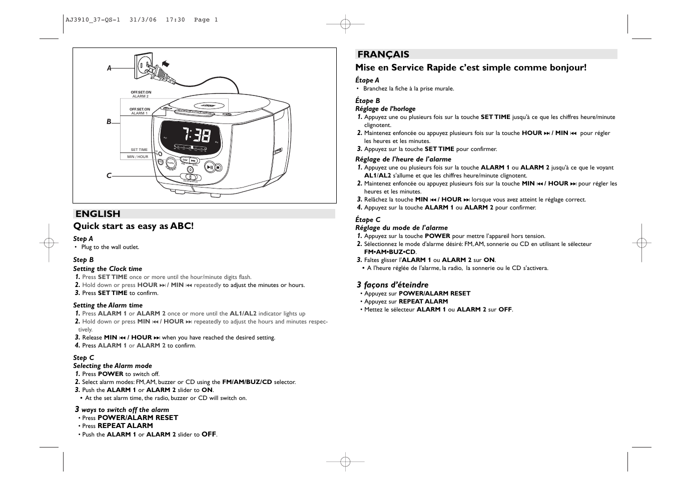 English quick start as easy as abc, 3 façons d’éteindre | Philips CD CLOCK RADIO User Manual | Page 2 / 2