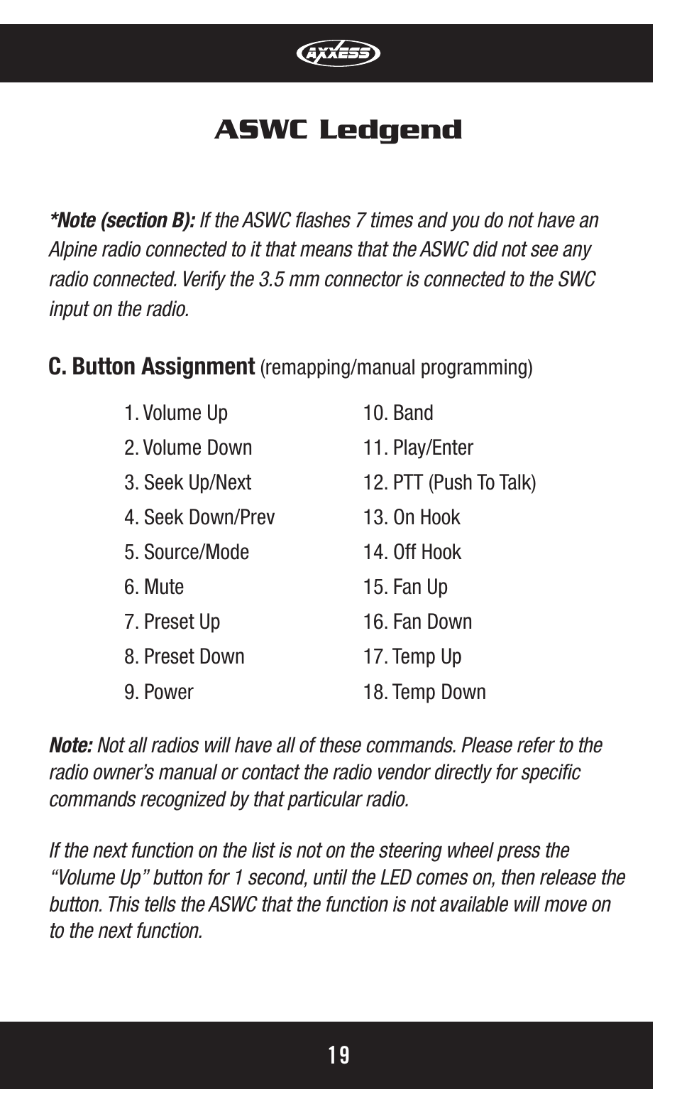 Aswc ledgend | Axxess Interface ASWC User Manual | Page 19 / 20