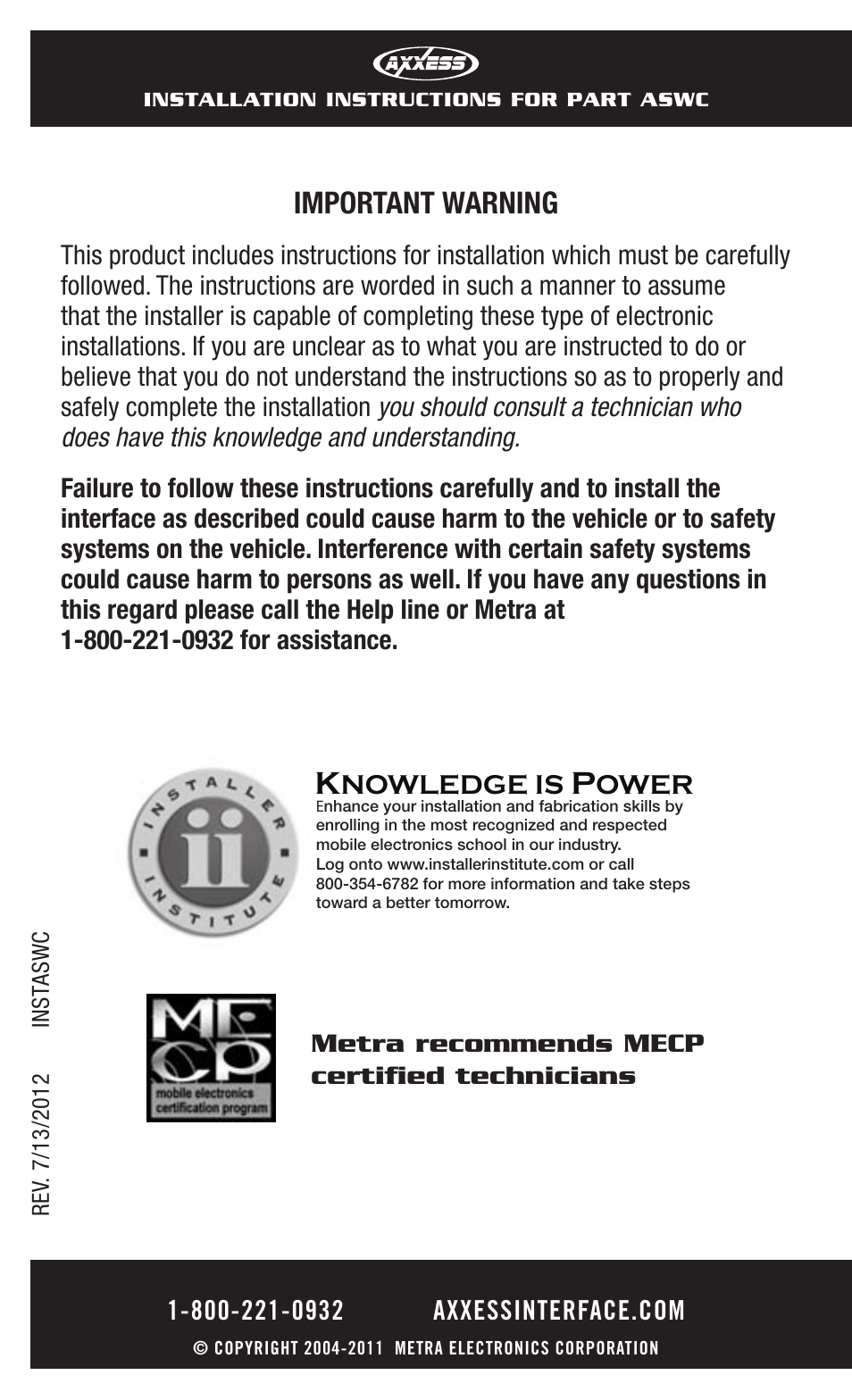 Important warning | Axxess Interface ASWC User Manual | Page 20 / 20