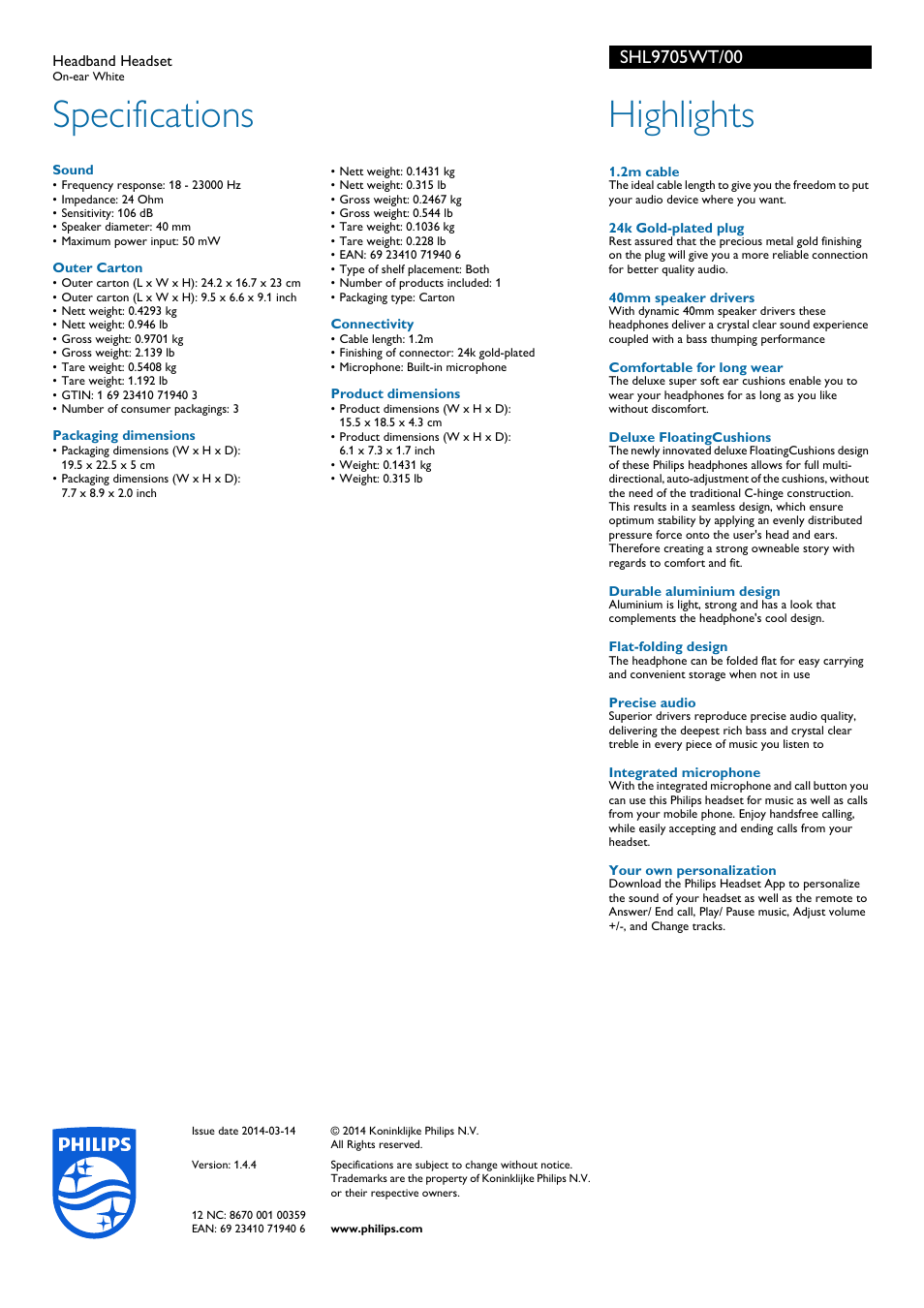 Specifications, Highlights | Philips SHL9705WT-00 User Manual | Page 2 / 2