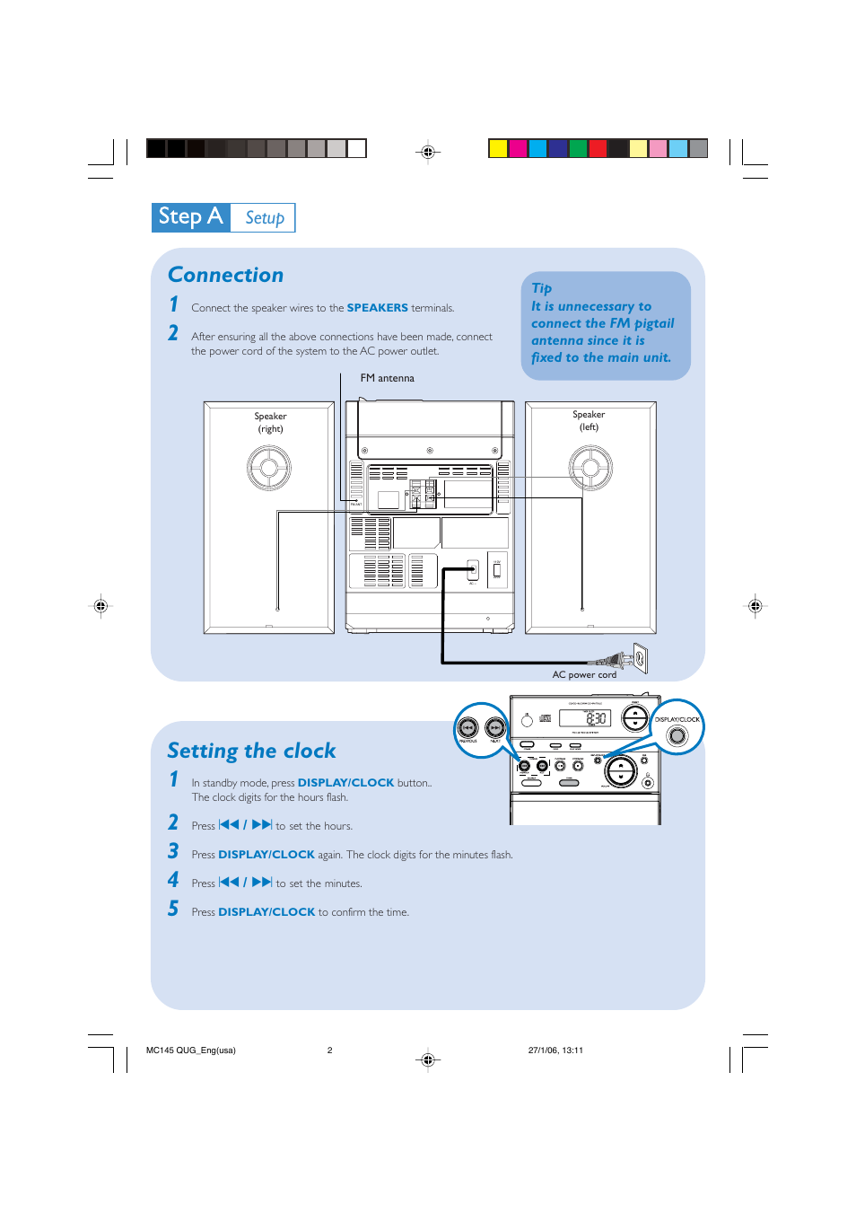Connection 1, Setting the clock 1, Setup | Philips MC145-37 User Manual | Page 2 / 3