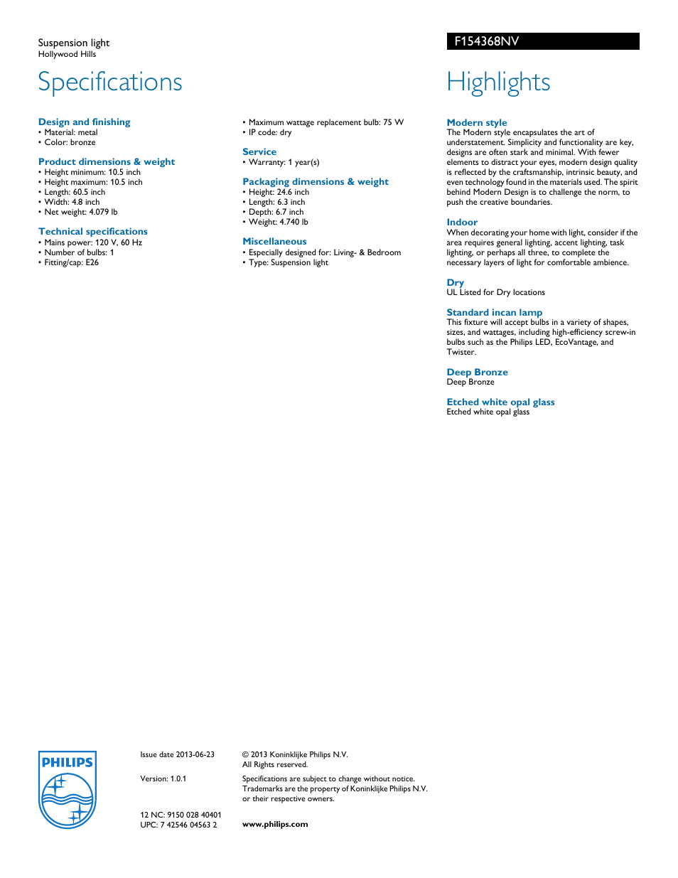 Specifications, Highlights | Philips F154368NV User Manual | Page 2 / 2