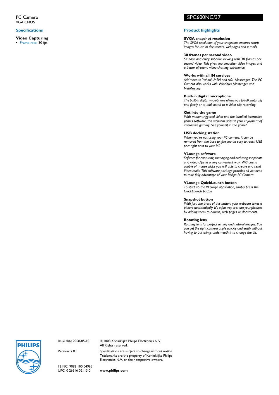 Philips SPC600NC-37B User Manual | Page 2 / 2