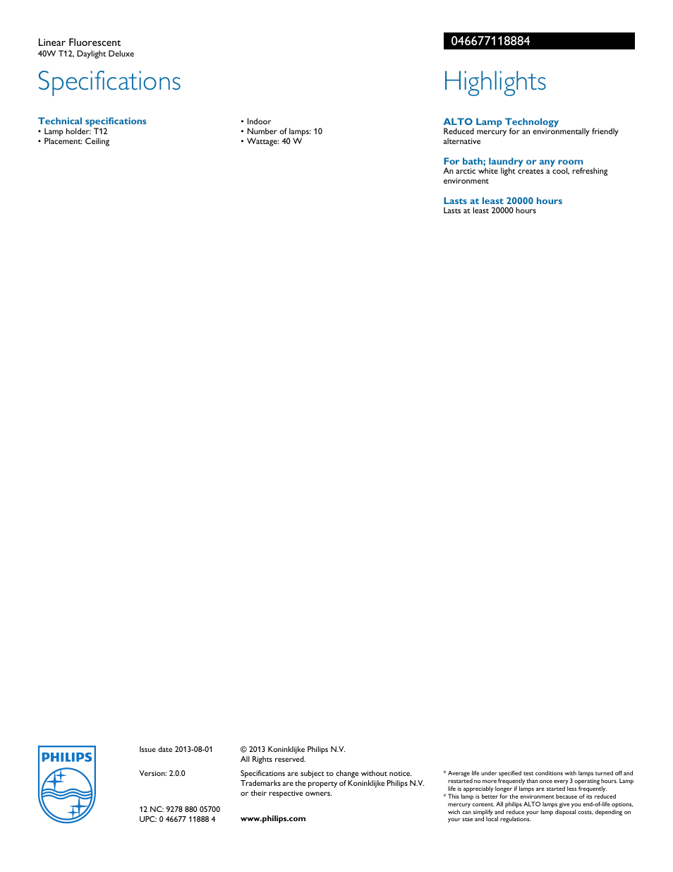 Specifications, Highlights | Philips 046677118884 User Manual | Page 2 / 2