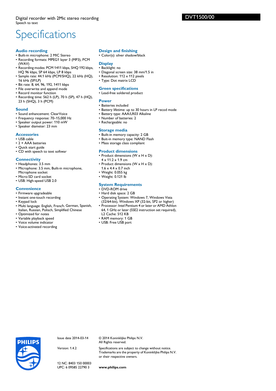 Specifications | Philips DVT1500-00 User Manual | Page 3 / 3