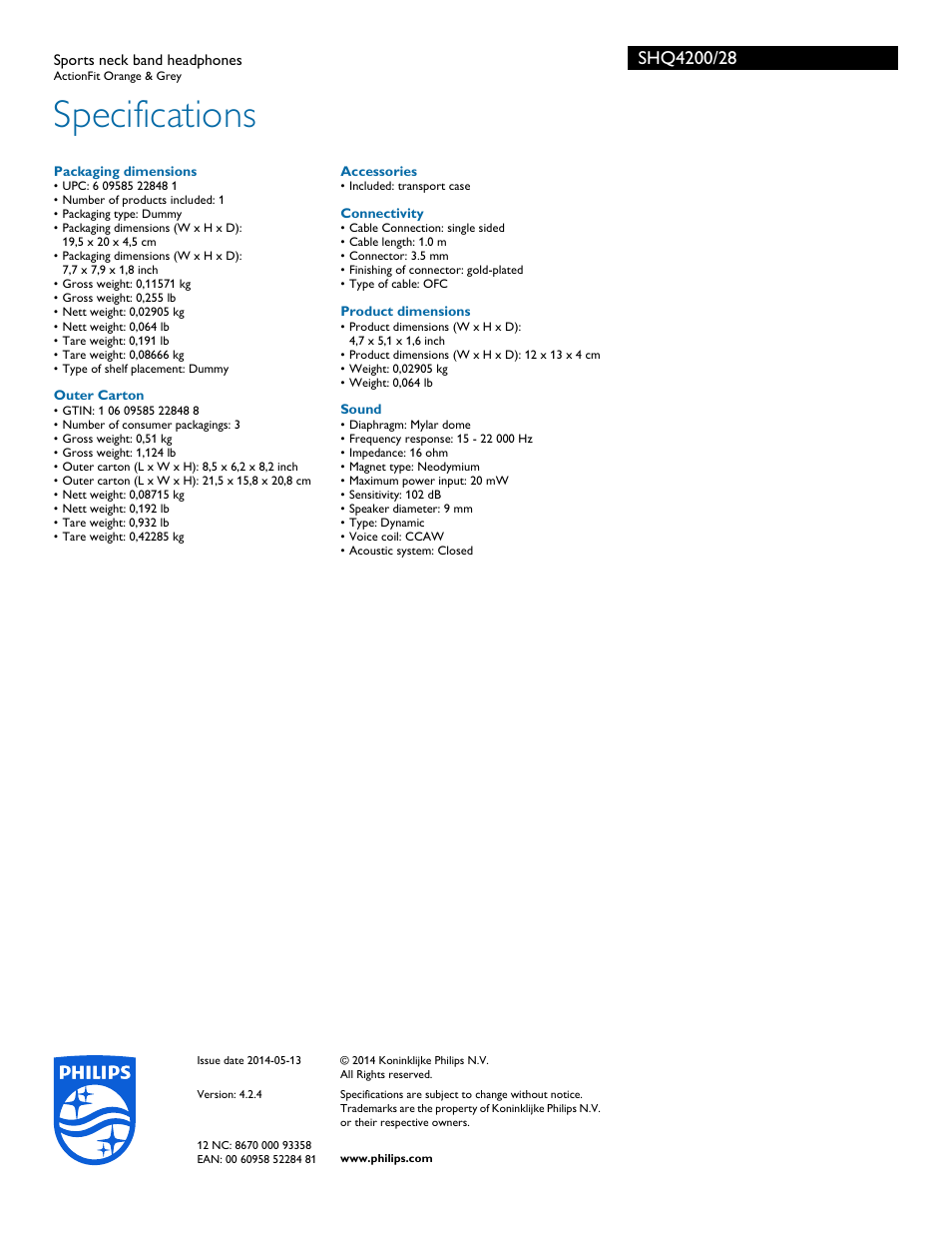 Specifications | Philips SHQ4200-28 User Manual | Page 3 / 3