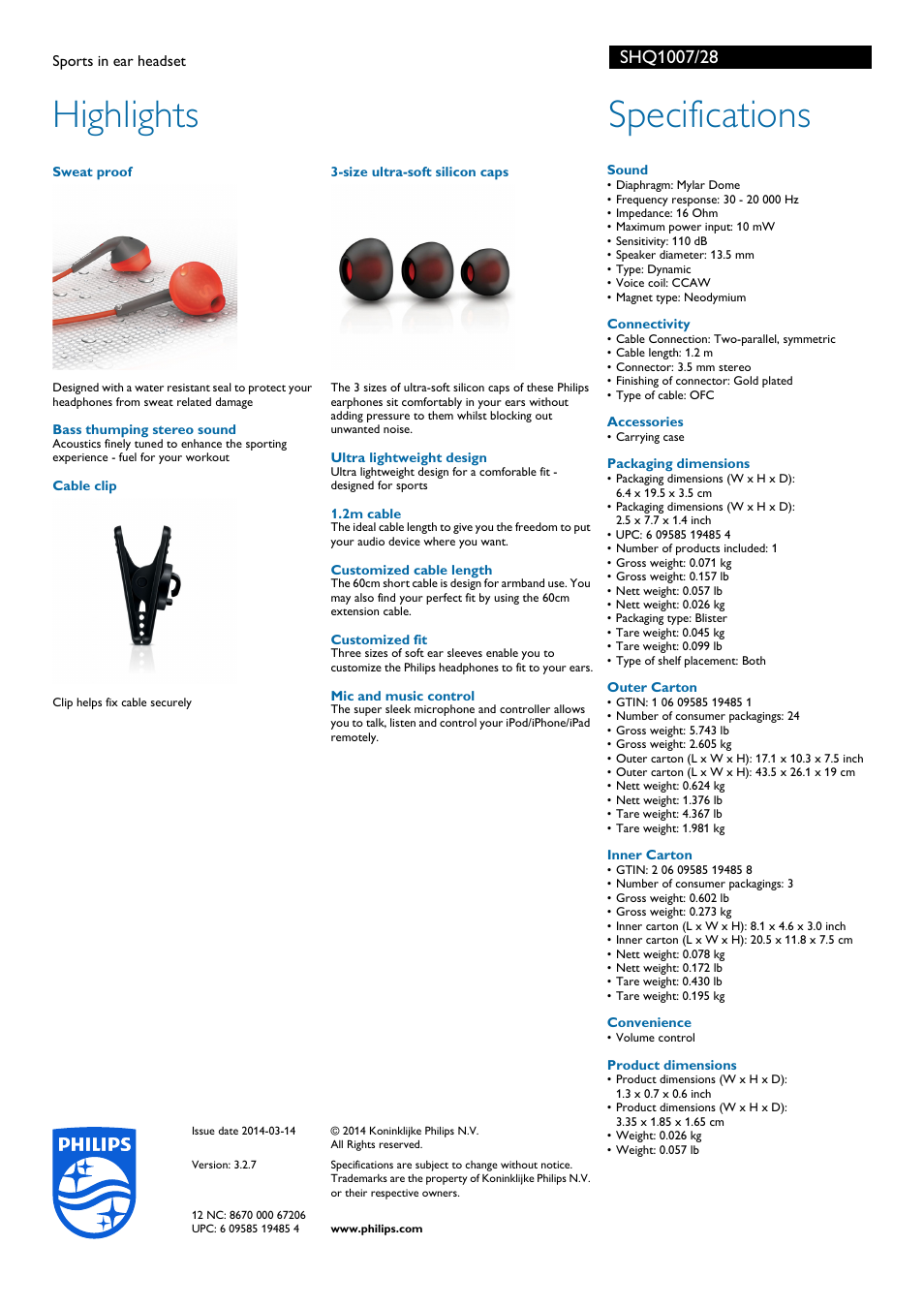 Highlights, Specifications | Philips SHQ1007-28 User Manual | Page 2 / 2