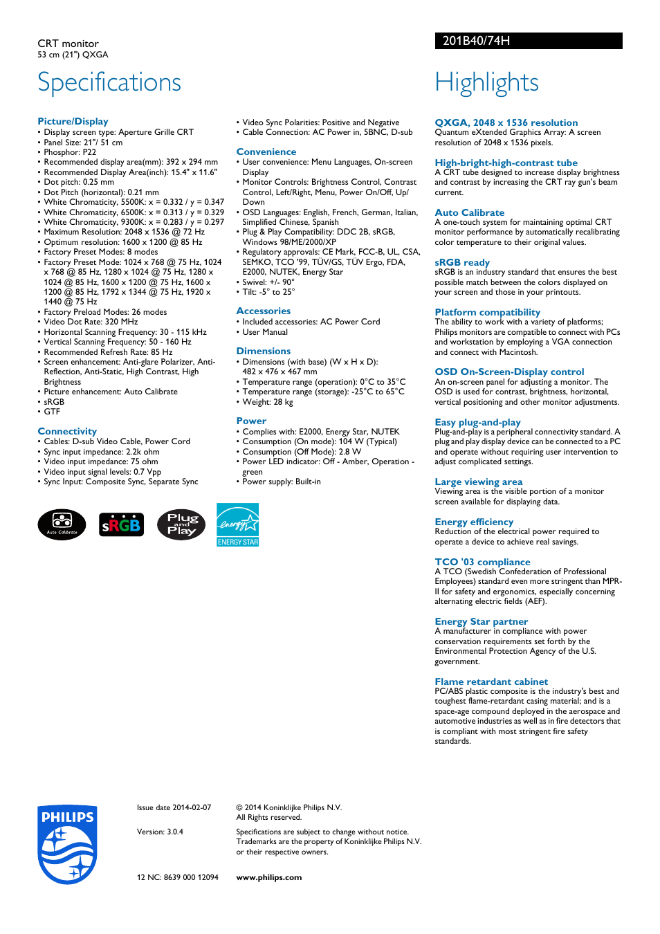 Specifications, Highlights | Philips 201B40-74H User Manual | Page 2 / 2