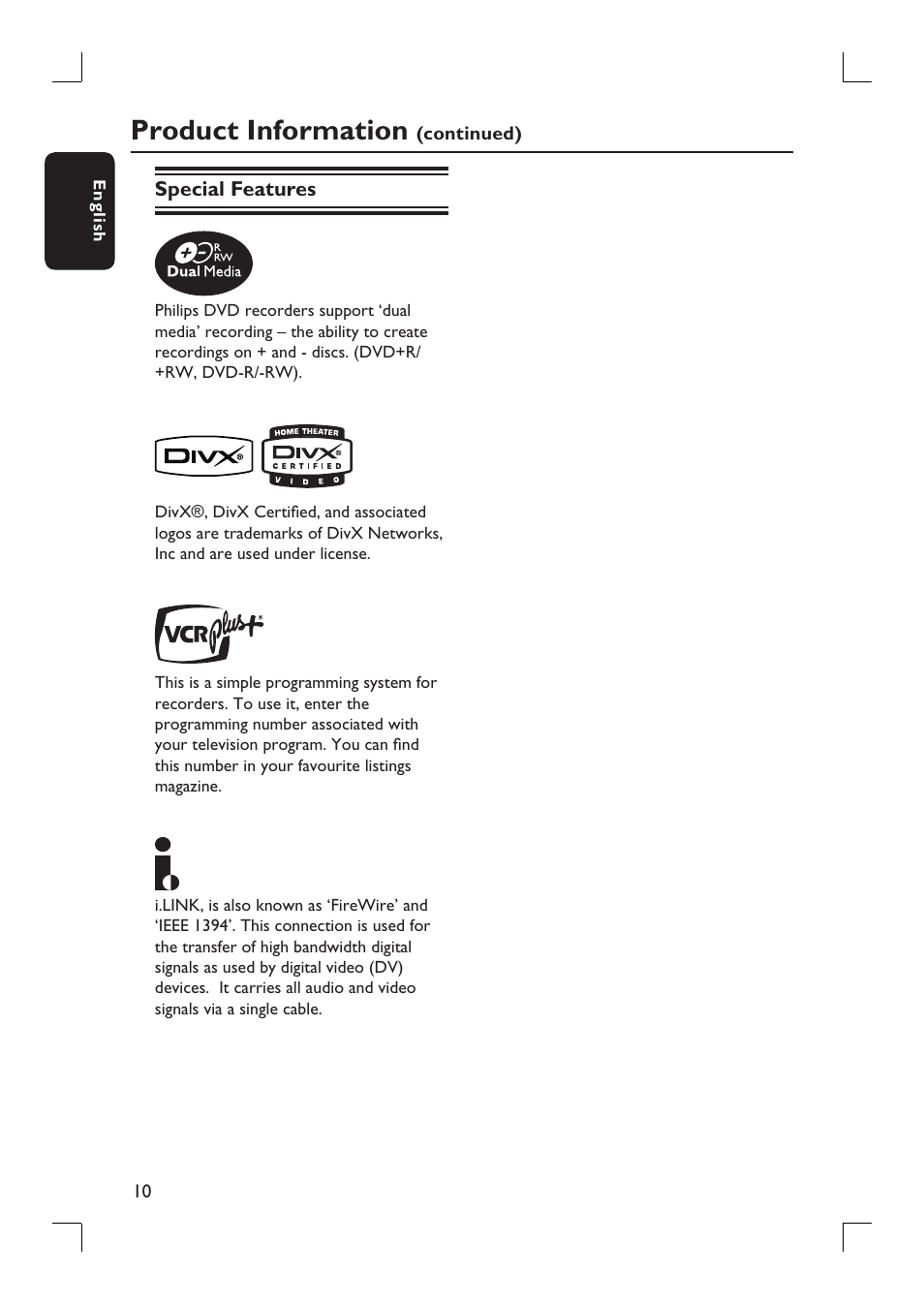 Product information | Philips DVDR3390-37 User Manual | Page 10 / 67