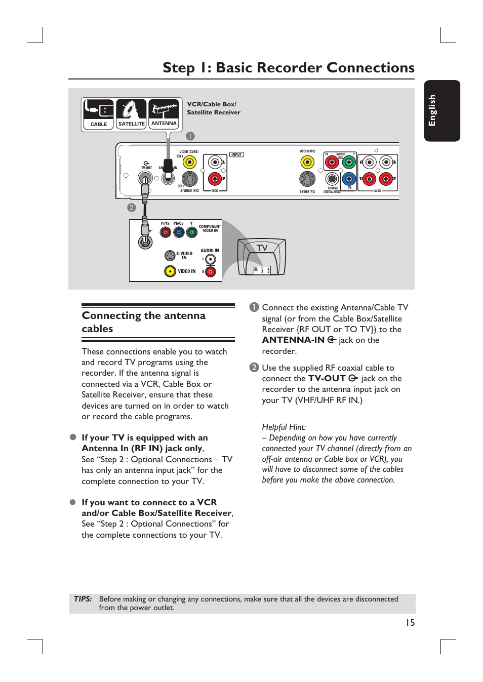 Step 1: basic recorder connections, Connecting the antenna cables, English | Philips DVDR3390-37 User Manual | Page 15 / 67