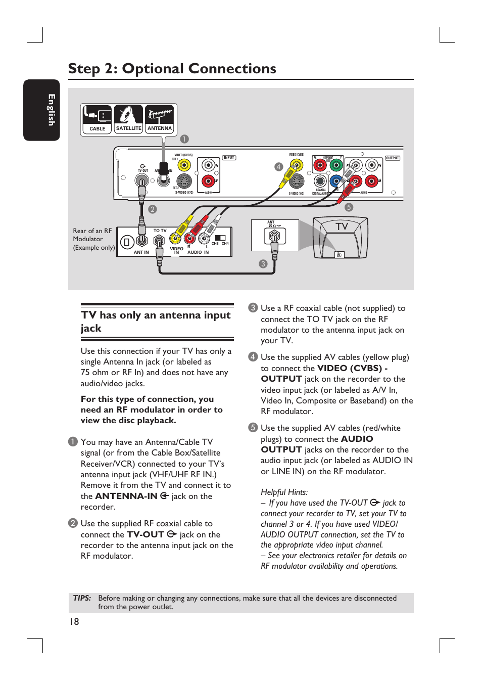 Step 2: optional connections, Tv has only an antenna input jack, English | Ab c d e | Philips DVDR3390-37 User Manual | Page 18 / 67