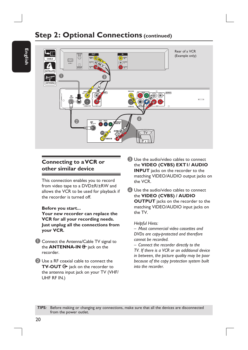 Step 2: optional connections, Connecting to a vcr or other similar device, Continued) | English, Ab c | Philips DVDR3390-37 User Manual | Page 20 / 67