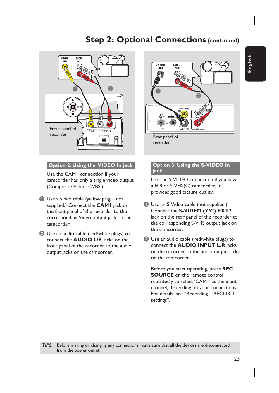 Step 2: optional connections, Continued), English | Philips DVDR3390-37 User Manual | Page 23 / 67