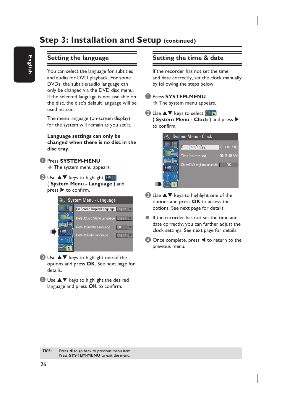 Step 3: installation and setup, Setting the language, Setting the time & date | Philips DVDR3390-37 User Manual | Page 26 / 67