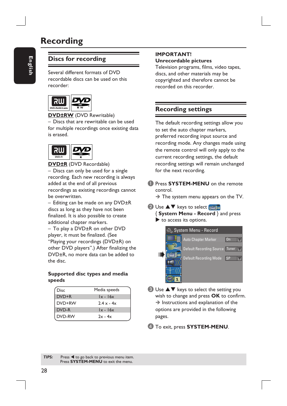 Recording, Discs for recording, Recording settings | Philips DVDR3390-37 User Manual | Page 28 / 67