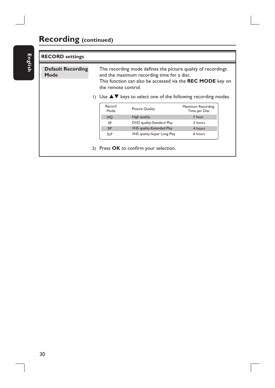 Recording, Continued) | Philips DVDR3390-37 User Manual | Page 30 / 67