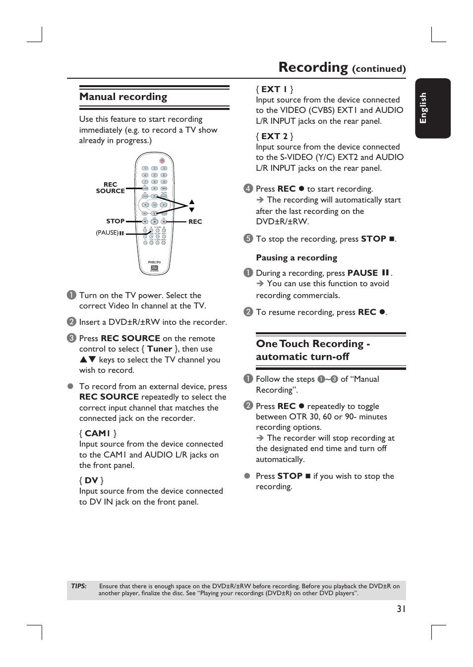 Recording, Manual recording, One touch recording - automatic turn-off | Philips DVDR3390-37 User Manual | Page 31 / 67