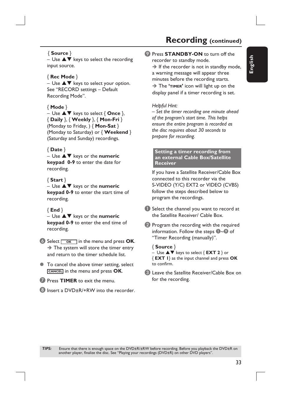 Recording | Philips DVDR3390-37 User Manual | Page 33 / 67