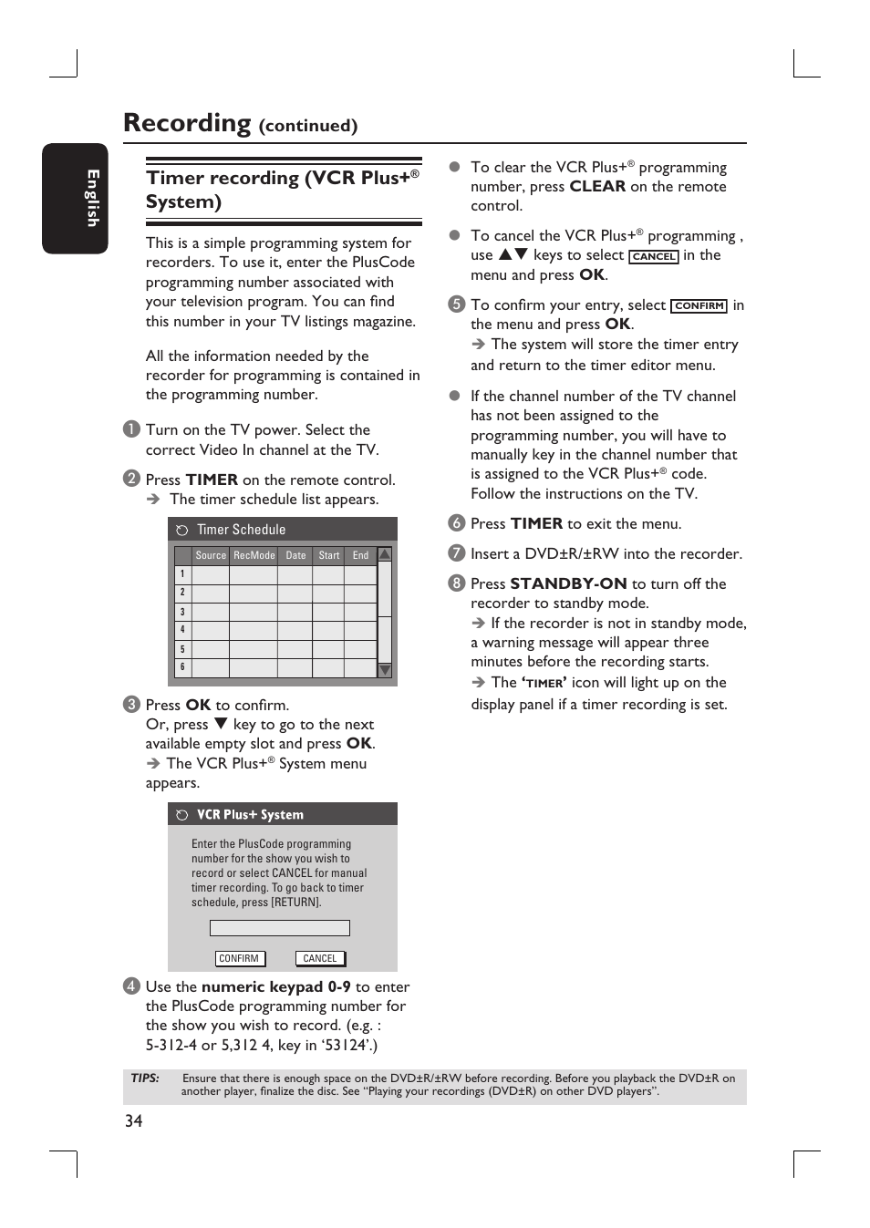 Recording, Timer recording (vcr plus, System) | Philips DVDR3390-37 User Manual | Page 34 / 67
