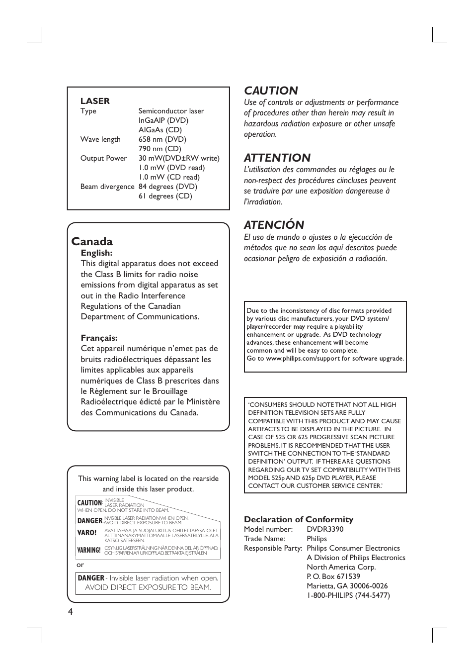 Canada, Caution, Attention | Atención | Philips DVDR3390-37 User Manual | Page 4 / 67