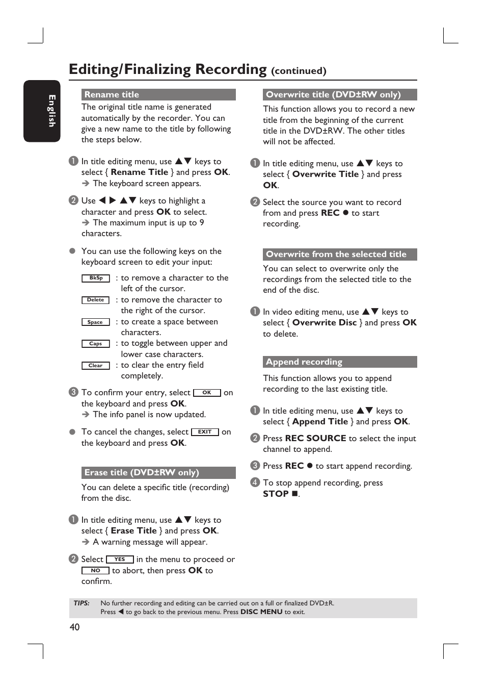 Editing/finalizing recording | Philips DVDR3390-37 User Manual | Page 40 / 67