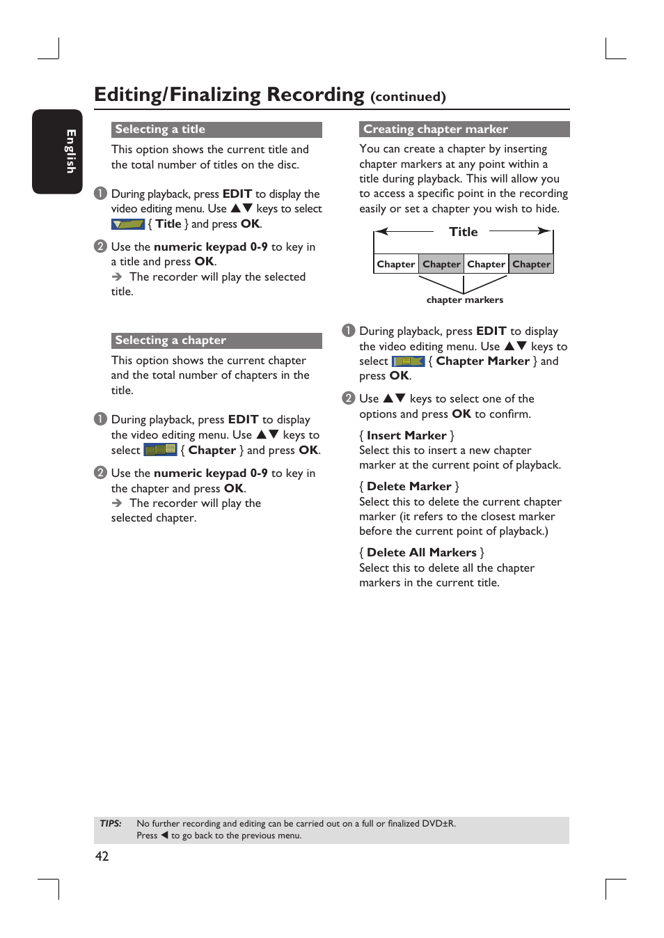 Editing/finalizing recording | Philips DVDR3390-37 User Manual | Page 42 / 67