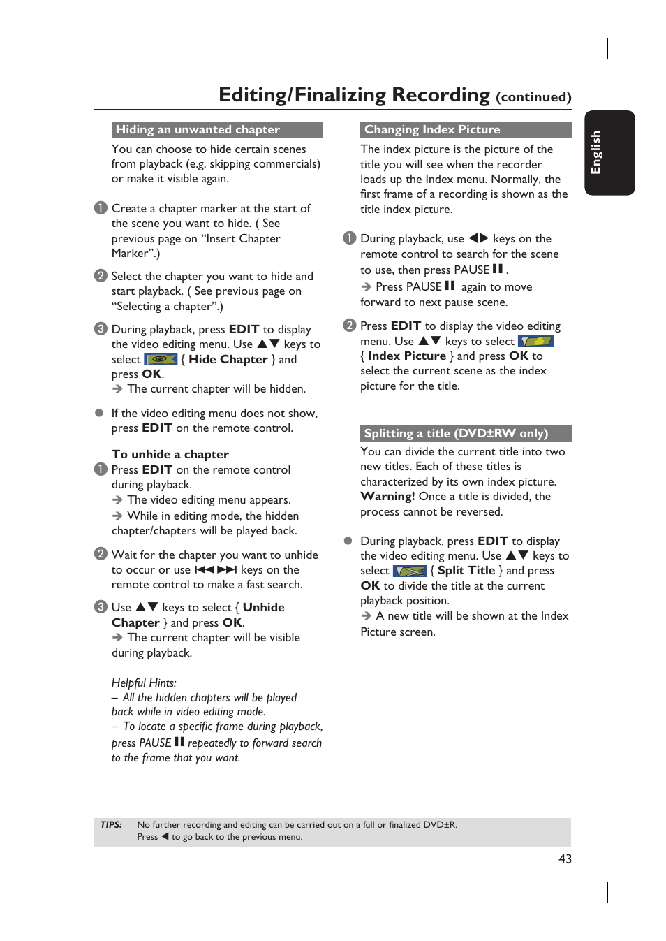 Editing/finalizing recording | Philips DVDR3390-37 User Manual | Page 43 / 67