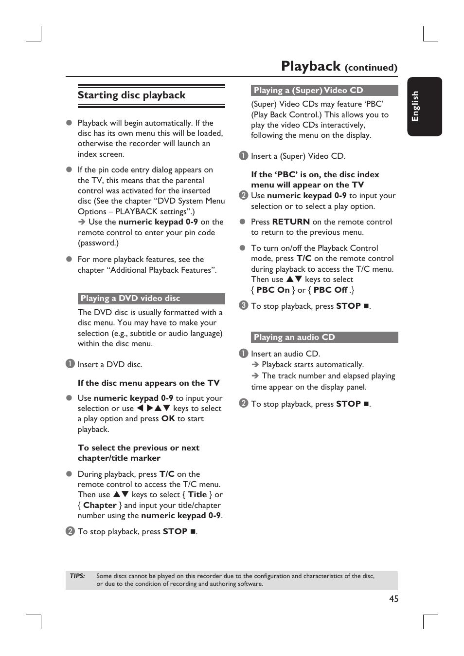 Playback, Starting disc playback | Philips DVDR3390-37 User Manual | Page 45 / 67