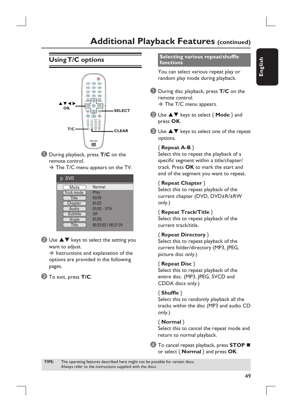 Additional playback features, Using t/c options | Philips DVDR3390-37 User Manual | Page 49 / 67