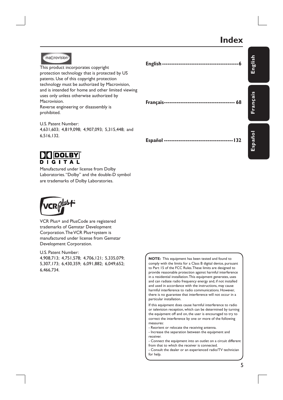 Index | Philips DVDR3390-37 User Manual | Page 5 / 67