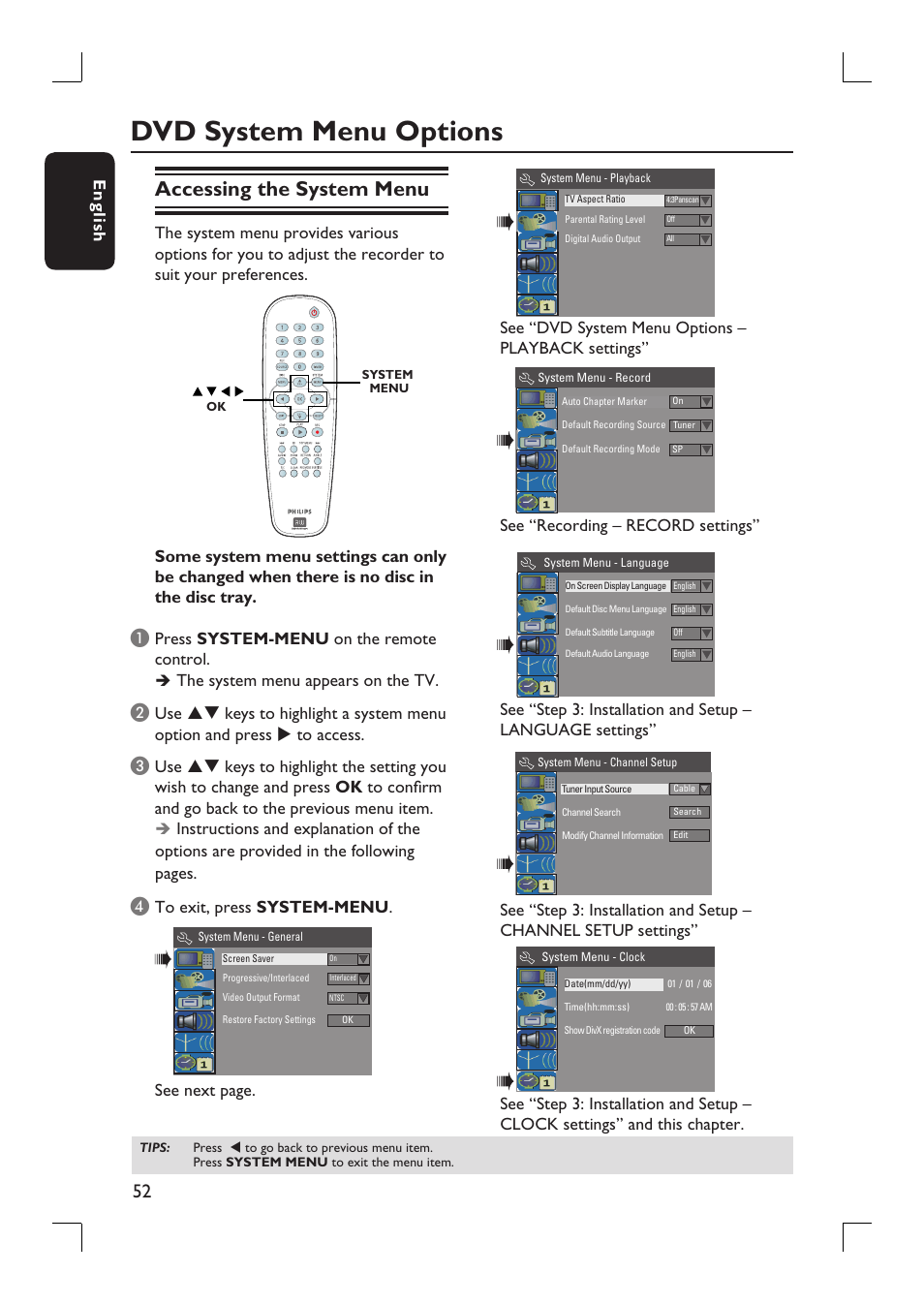 Dvd system menu options, Accessing the system menu, English | See next page | Philips DVDR3390-37 User Manual | Page 52 / 67