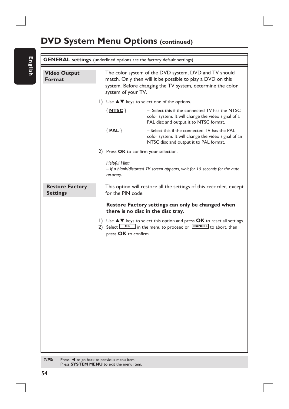 Dvd system menu options | Philips DVDR3390-37 User Manual | Page 54 / 67