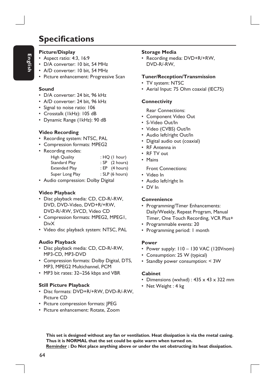 Specifi cations | Philips DVDR3390-37 User Manual | Page 64 / 67