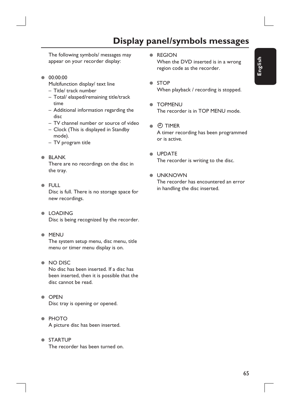 Display panel/symbols messages | Philips DVDR3390-37 User Manual | Page 65 / 67