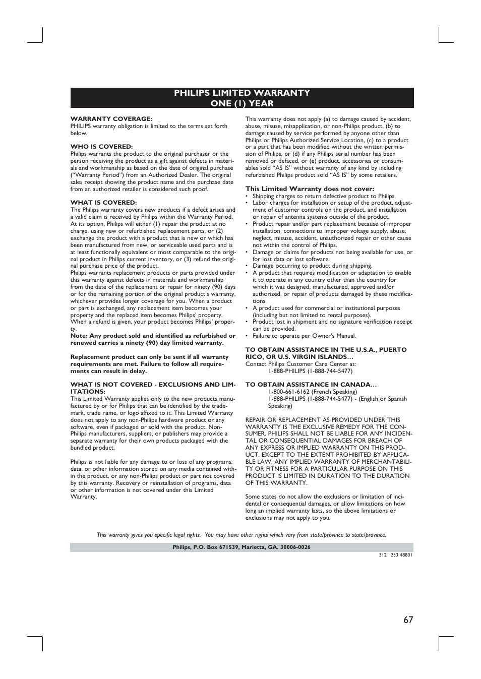 English, Philips limited warranty one (1) year | Philips DVDR3390-37 User Manual | Page 67 / 67