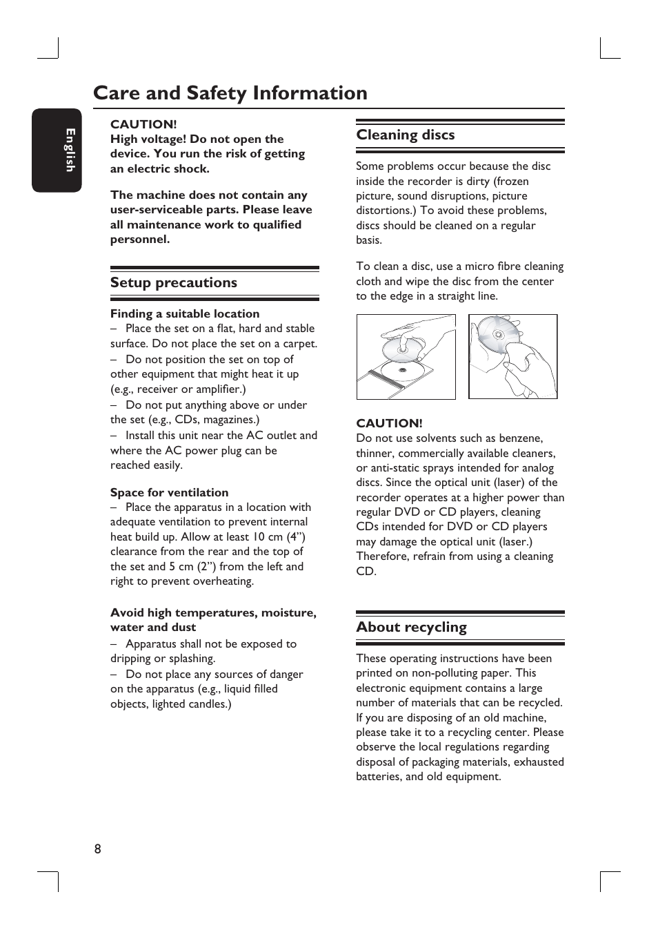 Care and safety information | Philips DVDR3390-37 User Manual | Page 8 / 67