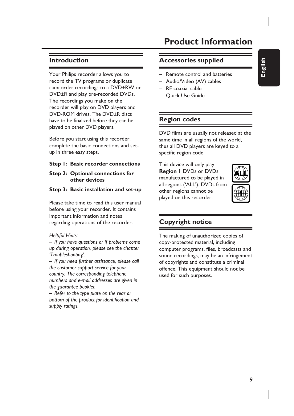 Product information | Philips DVDR3390-37 User Manual | Page 9 / 67